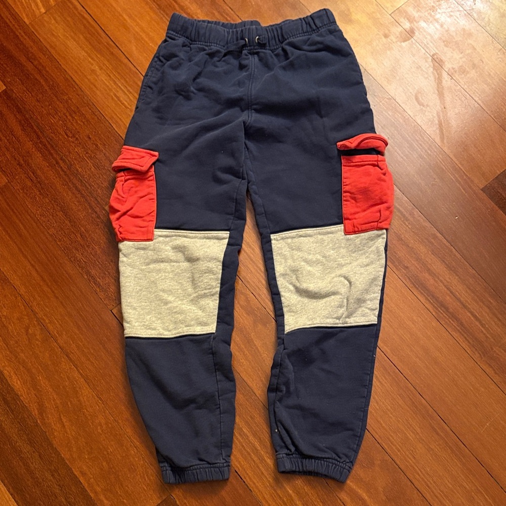 Hanna Andersson Navy Joggers with Red Pocket Flaps and Gray Knee Patches